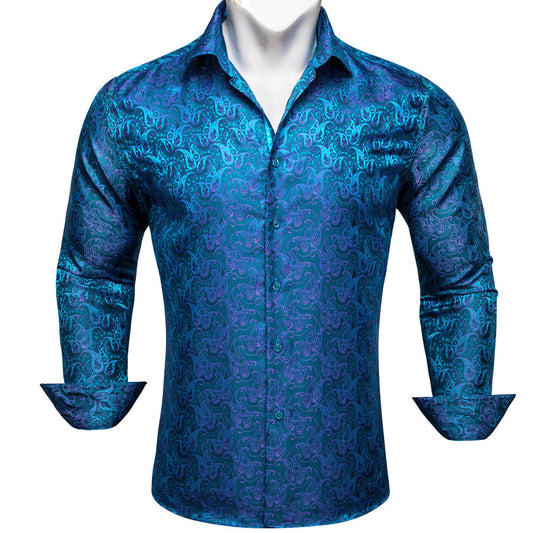 Royal Blue Purple Paisley Flower Pattern Silk Dress Shirt shirt S   - Sophisticated Gentlemen