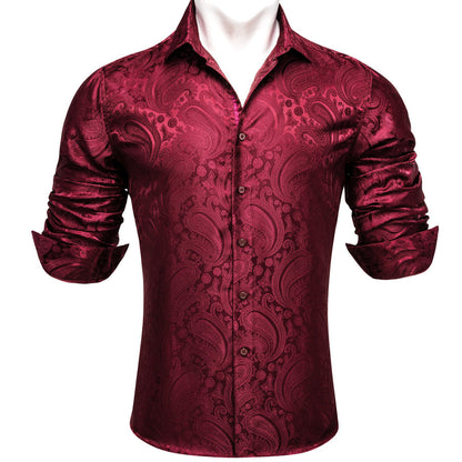 Dark Red Paisley Flower Pattern Silk Dress Shirt shirt    - Sophisticated Gentlemen