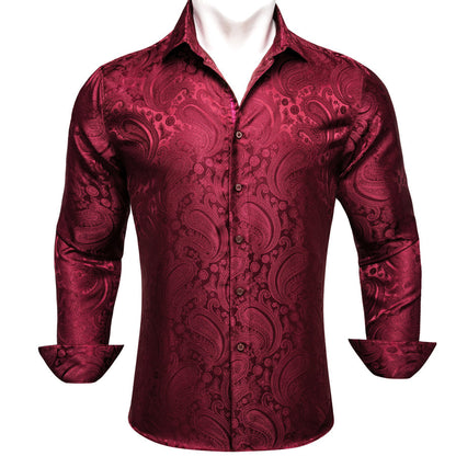 Dark Red Paisley Flower Pattern Silk Dress Shirt shirt S   - Sophisticated Gentlemen