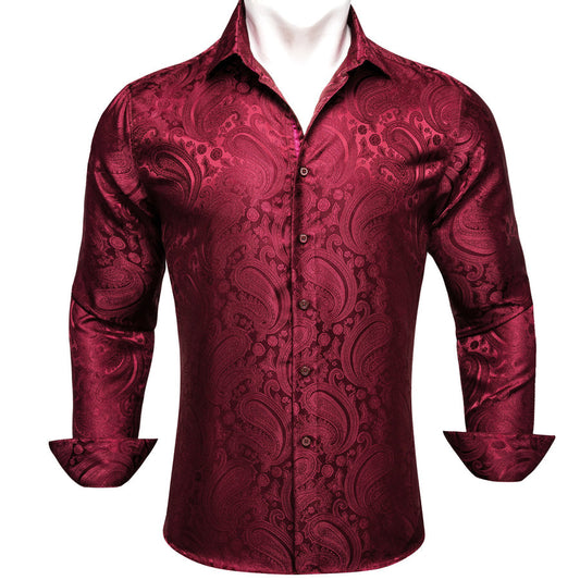 Dark Red Paisley Flower Pattern Silk Dress Shirt shirt S   - Sophisticated Gentlemen
