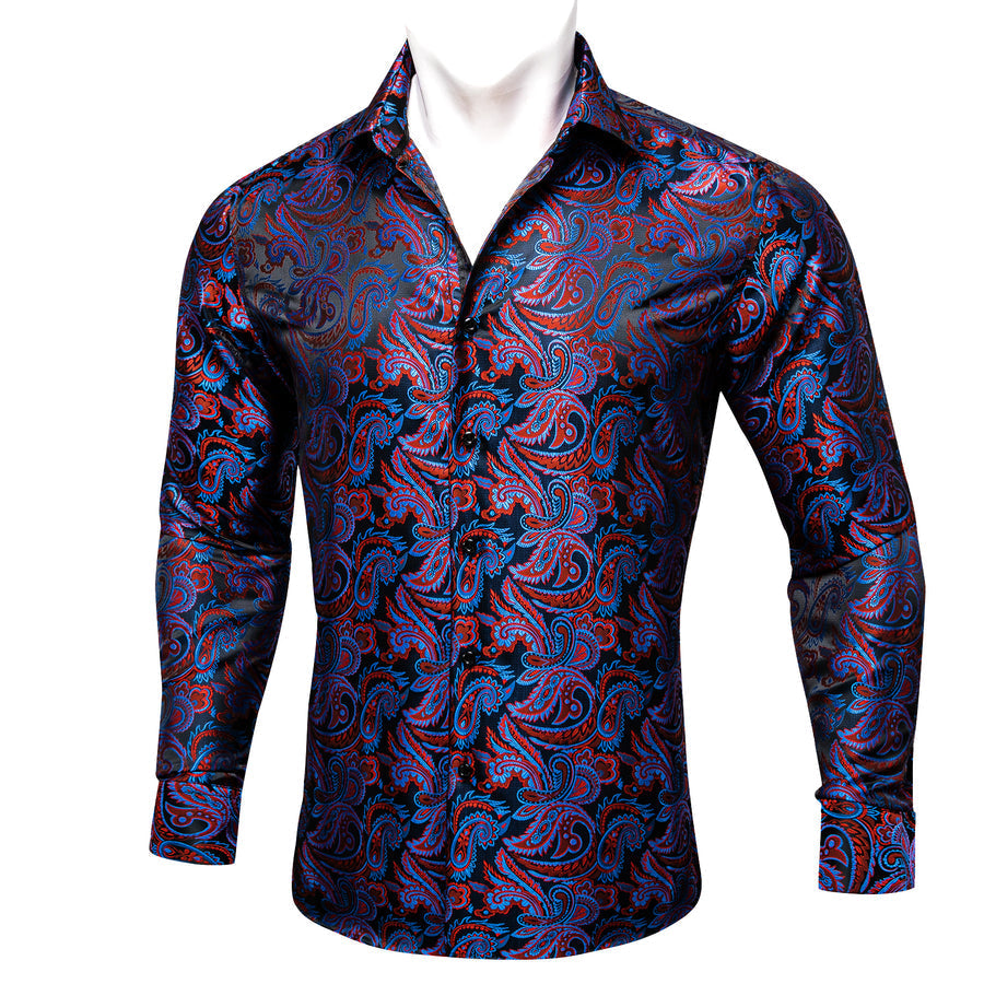 Blue Red Paisley Flower Pattern Silk Dress Shirt shirt    - Sophisticated Gentlemen