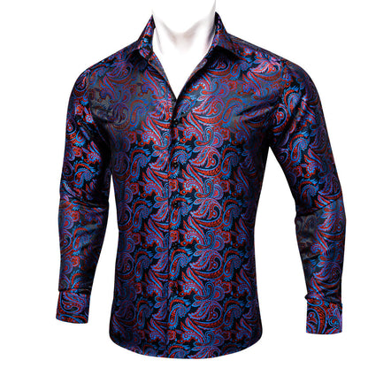 Blue Red Paisley Flower Pattern Silk Dress Shirt shirt    - Sophisticated Gentlemen