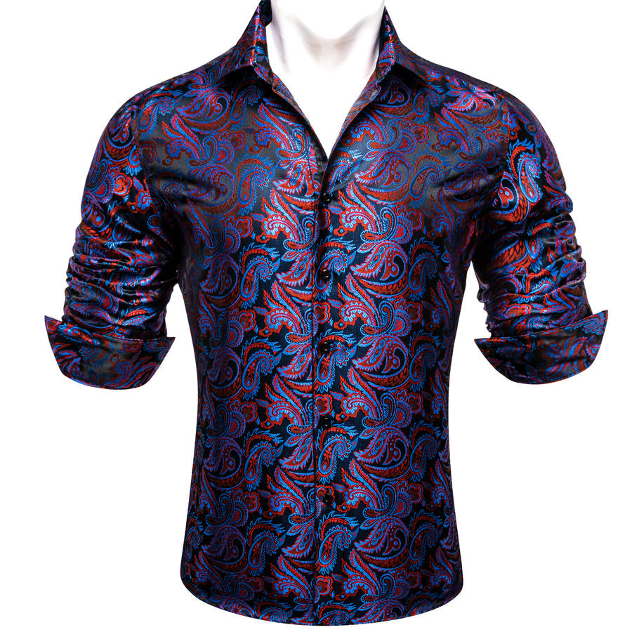 Blue Red Paisley Flower Pattern Silk Dress Shirt shirt    - Sophisticated Gentlemen