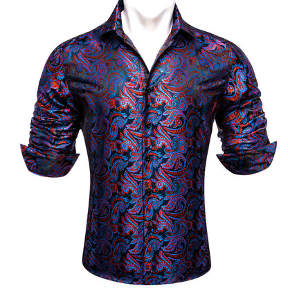 Blue Red Paisley Flower Pattern Silk Dress Shirt shirt    - Sophisticated Gentlemen