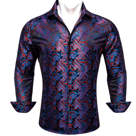 Blue Red Paisley Flower Pattern Silk Dress Shirt shirt S   - Sophisticated Gentlemen