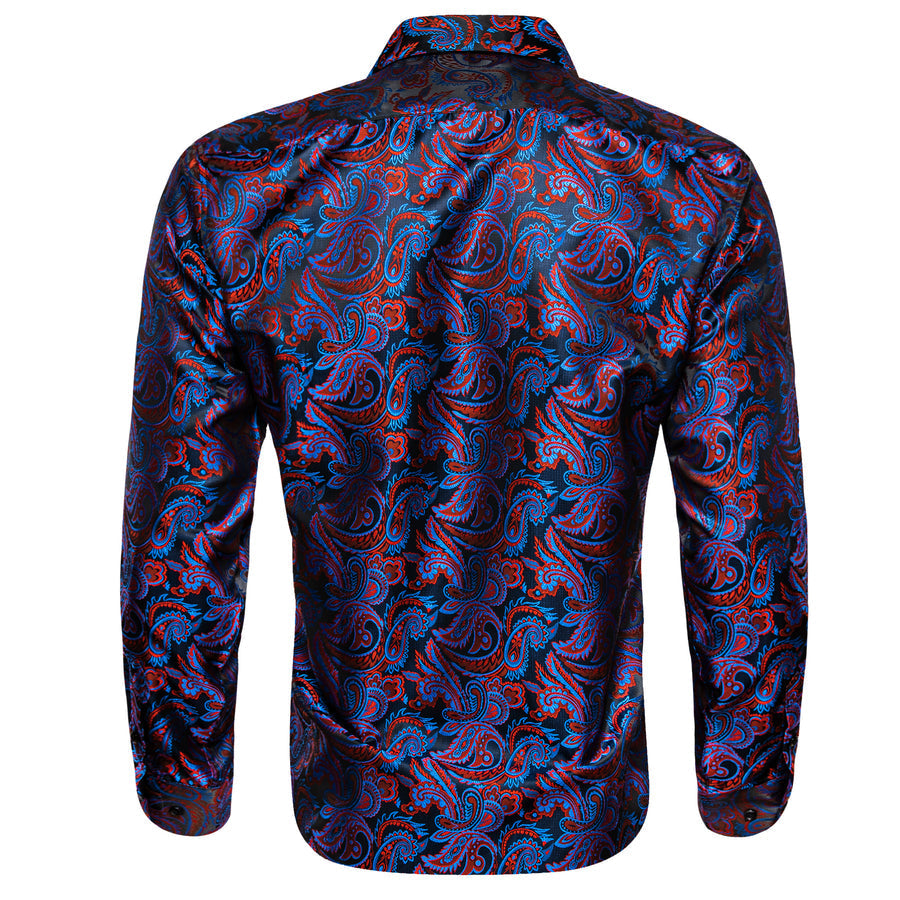 Blue Red Paisley Flower Pattern Silk Dress Shirt shirt    - Sophisticated Gentlemen
