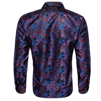 Blue Red Paisley Flower Pattern Silk Dress Shirt shirt    - Sophisticated Gentlemen