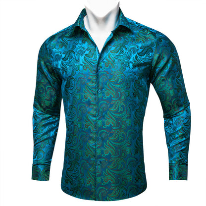 Blue Teal Paisley Flower Pattern Silk Dress Shirt shirt    - Sophisticated Gentlemen