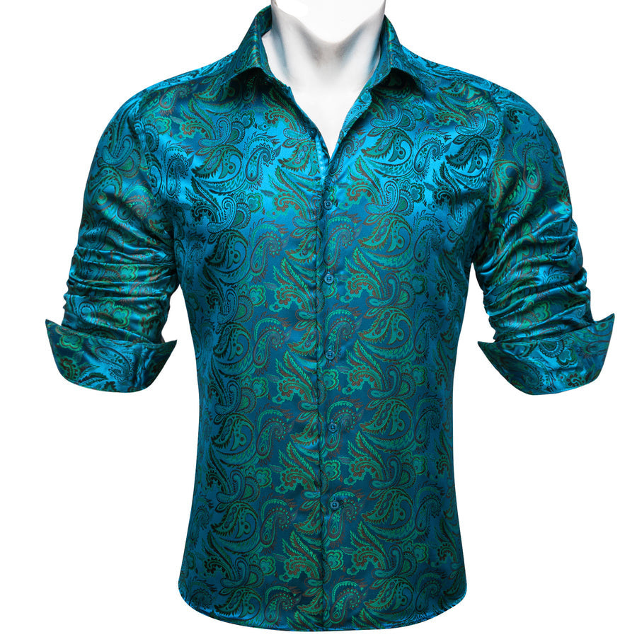 Blue Teal Paisley Flower Pattern Silk Dress Shirt shirt    - Sophisticated Gentlemen
