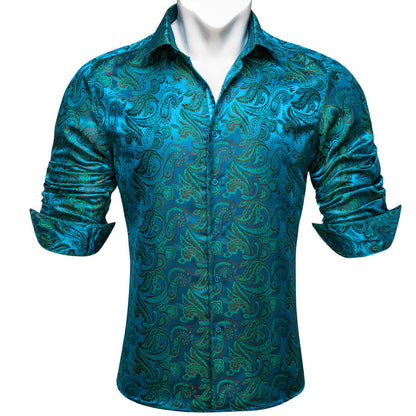 Blue Teal Paisley Flower Pattern Silk Dress Shirt shirt    - Sophisticated Gentlemen