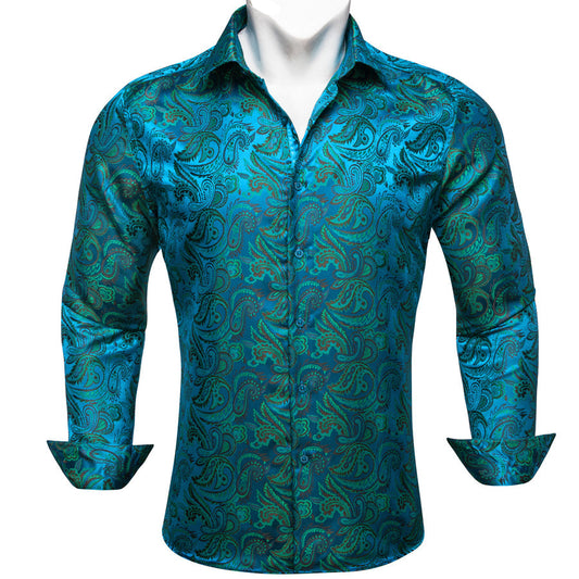 Blue Teal Paisley Flower Pattern Silk Dress Shirt shirt S   - Sophisticated Gentlemen
