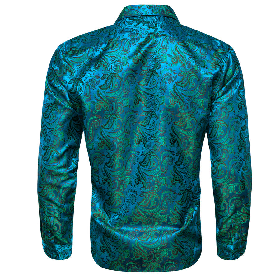 Blue Teal Paisley Flower Pattern Silk Dress Shirt shirt    - Sophisticated Gentlemen