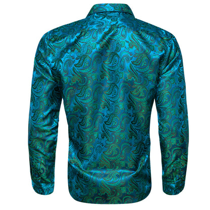 Blue Teal Paisley Flower Pattern Silk Dress Shirt shirt    - Sophisticated Gentlemen