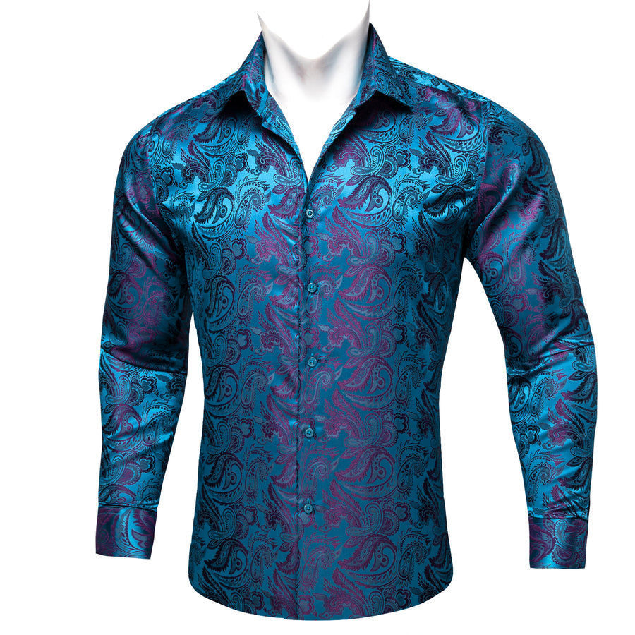 Blue Purple Paisley Flower Pattern Silk Dress Shirt shirt    - Sophisticated Gentlemen