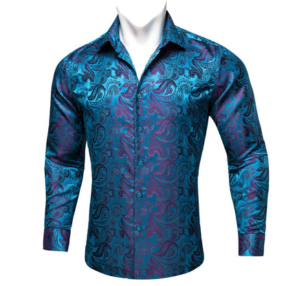 Blue Purple Paisley Flower Pattern Silk Dress Shirt shirt    - Sophisticated Gentlemen