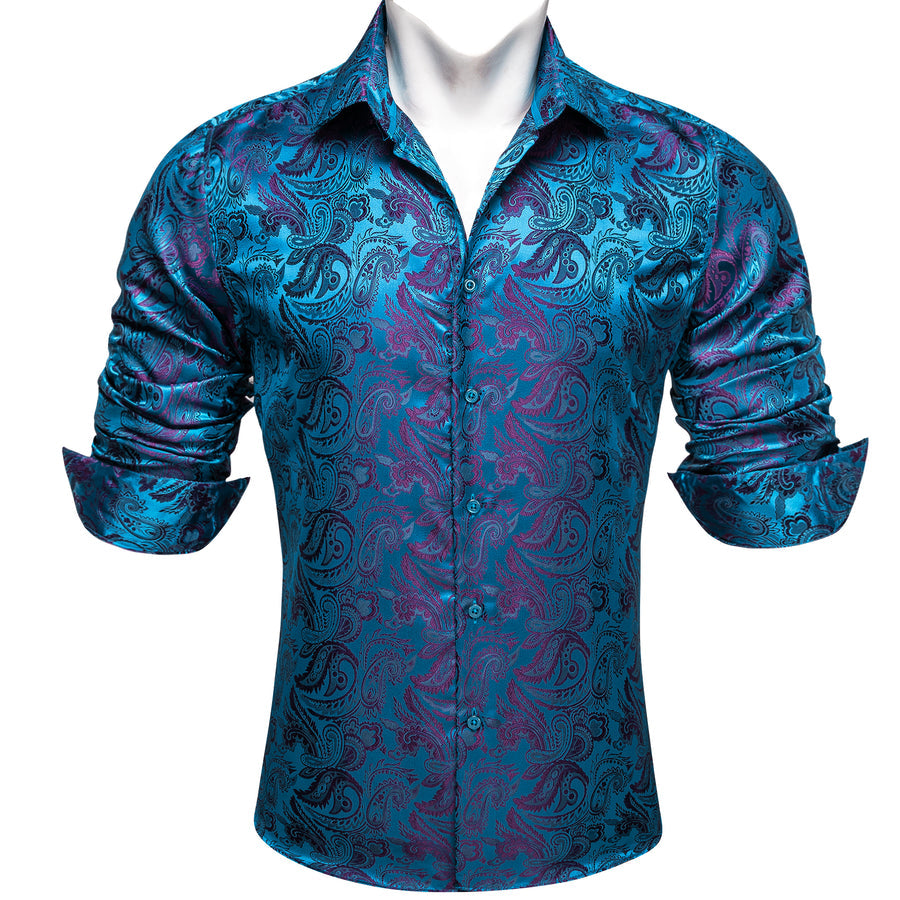 Blue Purple Paisley Flower Pattern Silk Dress Shirt shirt    - Sophisticated Gentlemen
