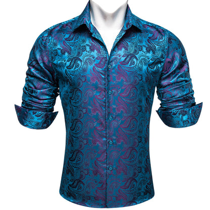Blue Purple Paisley Flower Pattern Silk Dress Shirt shirt    - Sophisticated Gentlemen