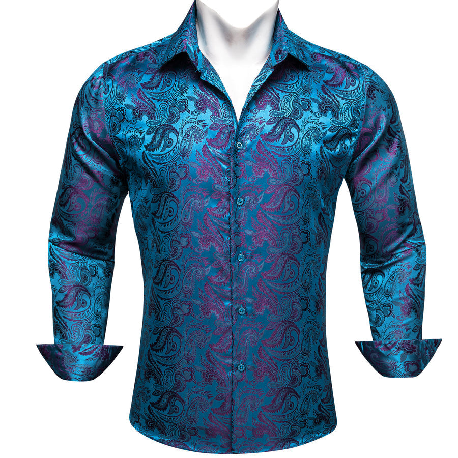 Blue Purple Paisley Flower Pattern Silk Dress Shirt shirt S   - Sophisticated Gentlemen