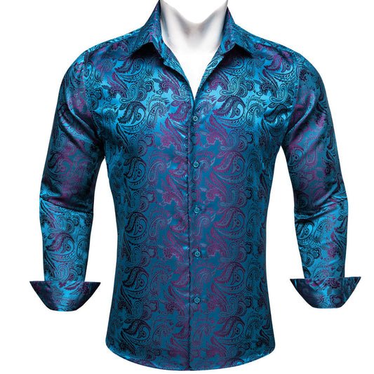 Blue Purple Paisley Flower Pattern Silk Dress Shirt shirt S   - Sophisticated Gentlemen