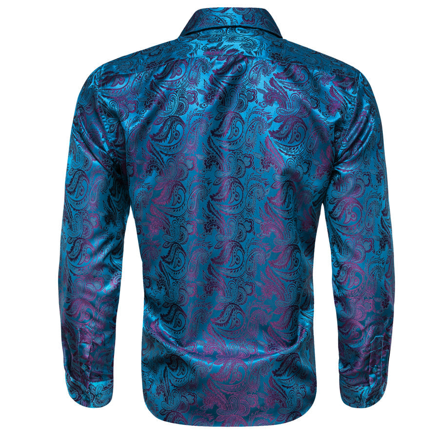 Blue Purple Paisley Flower Pattern Silk Dress Shirt shirt    - Sophisticated Gentlemen