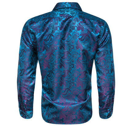Blue Purple Paisley Flower Pattern Silk Dress Shirt shirt    - Sophisticated Gentlemen