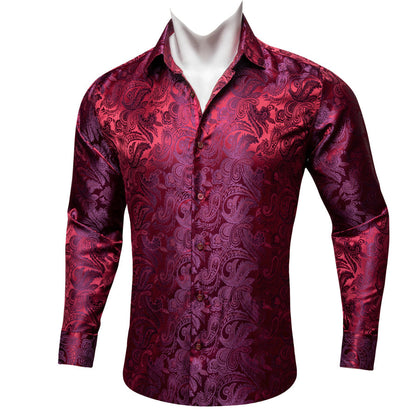 Burgundy Red Purple Paisley Flower Pattern Silk Dress Shirt shirt    - Sophisticated Gentlemen