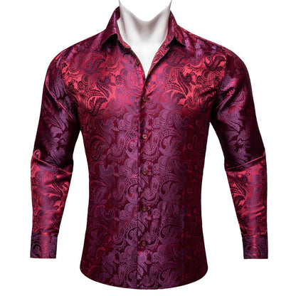 Burgundy Red Purple Paisley Flower Pattern Silk Dress Shirt shirt S   - Sophisticated Gentlemen