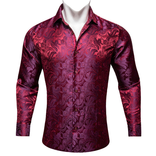 Burgundy Red Purple Paisley Flower Pattern Silk Dress Shirt shirt S   - Sophisticated Gentlemen