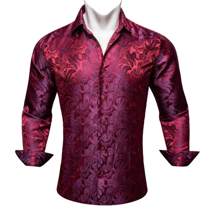 Burgundy Red Purple Paisley Flower Pattern Silk Dress Shirt shirt    - Sophisticated Gentlemen