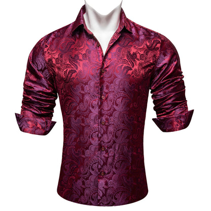 Burgundy Red Purple Paisley Flower Pattern Silk Dress Shirt shirt    - Sophisticated Gentlemen