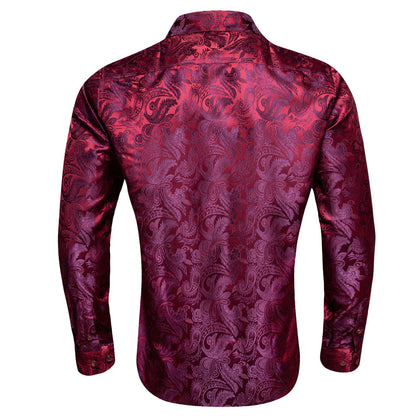 Burgundy Red Purple Paisley Flower Pattern Silk Dress Shirt shirt    - Sophisticated Gentlemen