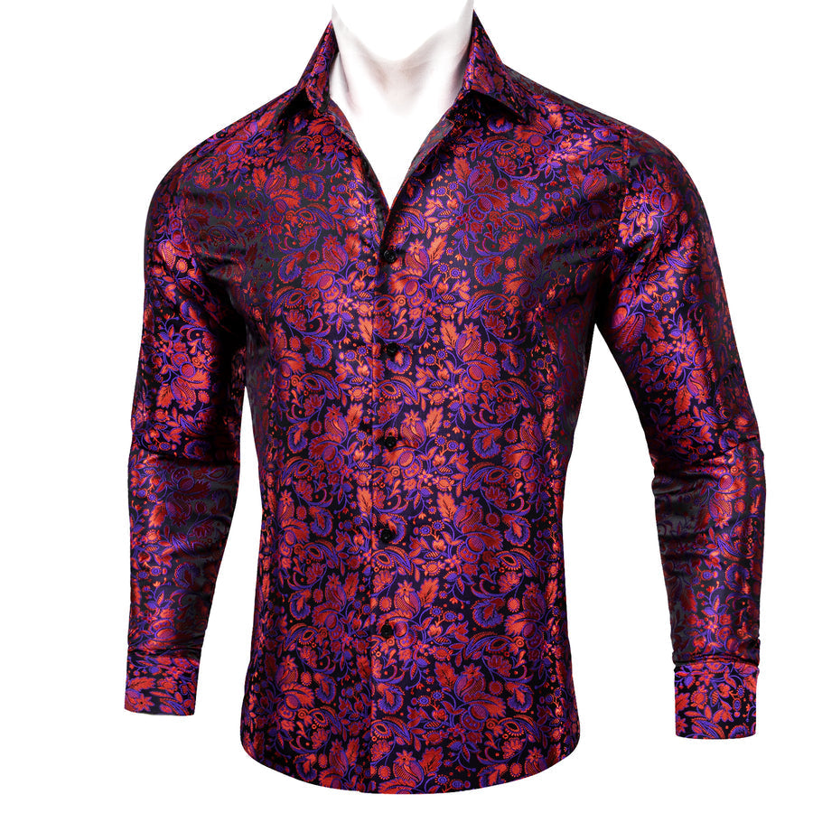 Red Purple Paisley Flower Pattern Silk Dress Shirt shirt    - Sophisticated Gentlemen