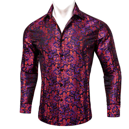 Red Purple Paisley Flower Pattern Silk Dress Shirt shirt    - Sophisticated Gentlemen