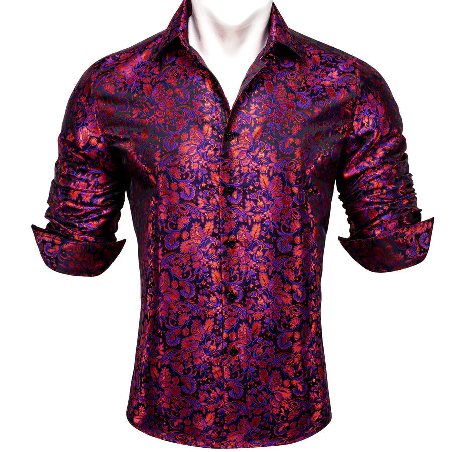Red Purple Paisley Flower Pattern Silk Dress Shirt shirt    - Sophisticated Gentlemen