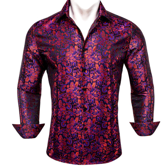 Red Purple Paisley Flower Pattern Silk Dress Shirt shirt S   - Sophisticated Gentlemen