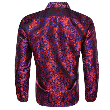 Red Purple Paisley Flower Pattern Silk Dress Shirt shirt    - Sophisticated Gentlemen