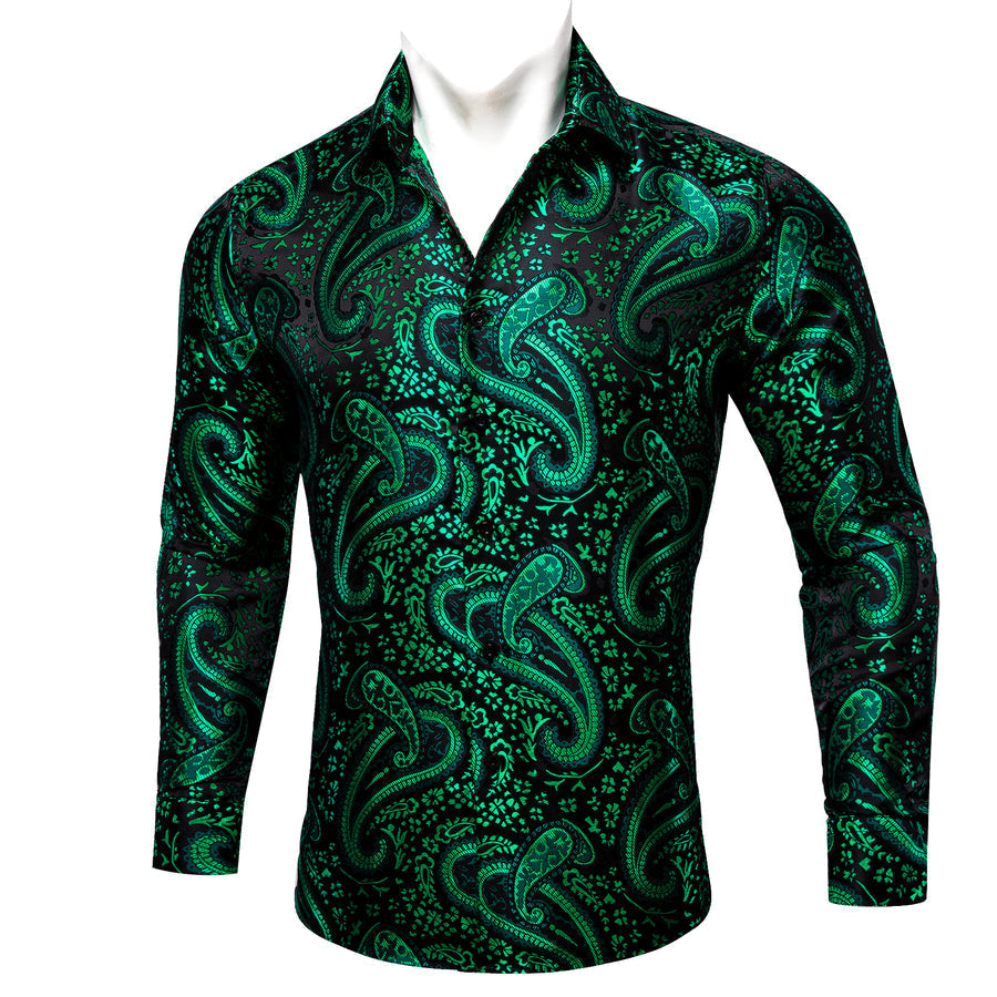 Green Paisley Flower Pattern Silk Dress Shirt shirt    - Sophisticated Gentlemen
