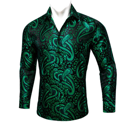 Green Paisley Flower Pattern Silk Dress Shirt shirt    - Sophisticated Gentlemen