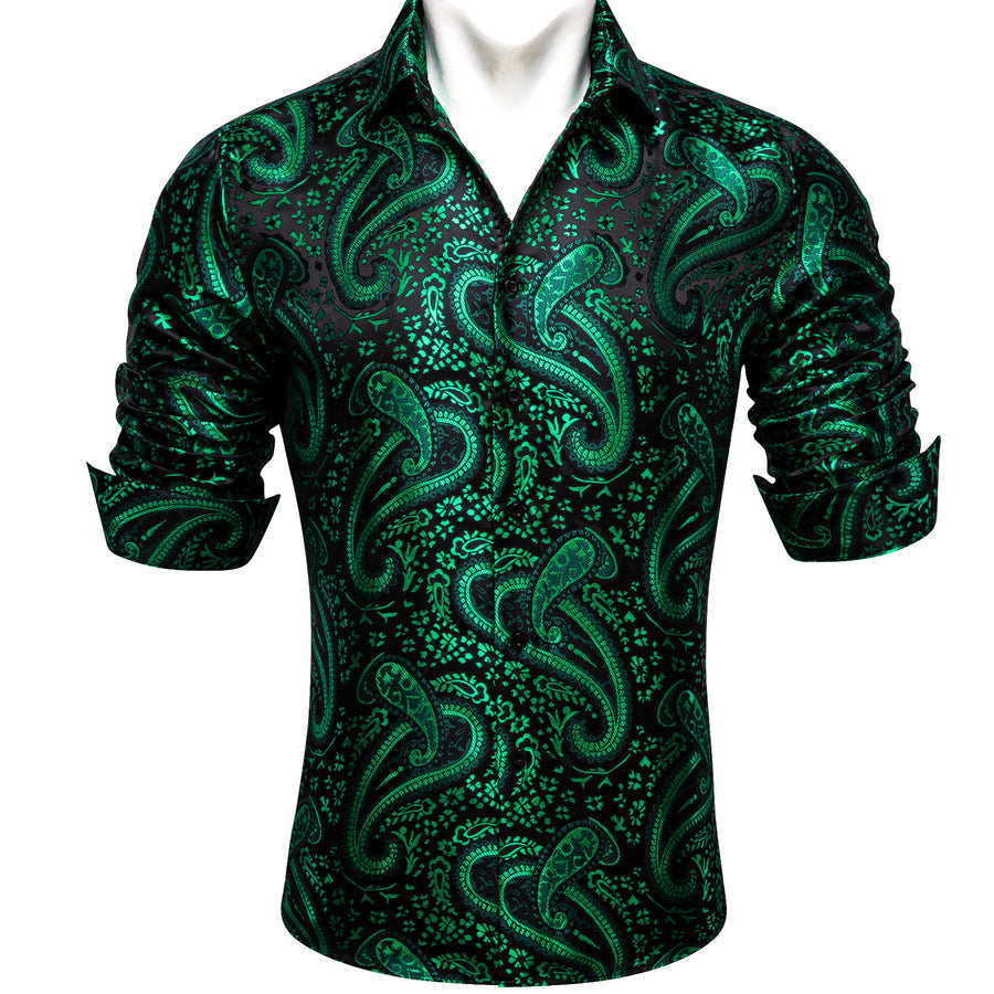 Green Paisley Flower Pattern Silk Dress Shirt shirt    - Sophisticated Gentlemen