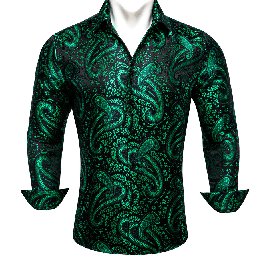 Green Paisley Flower Pattern Silk Dress Shirt shirt S   - Sophisticated Gentlemen