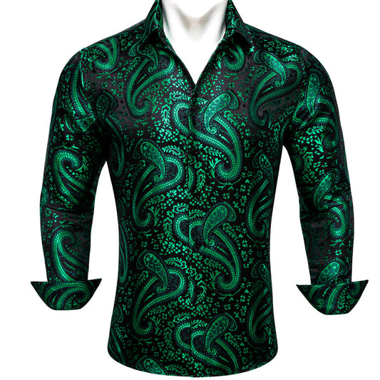 Green Paisley Flower Pattern Silk Dress Shirt shirt S   - Sophisticated Gentlemen
