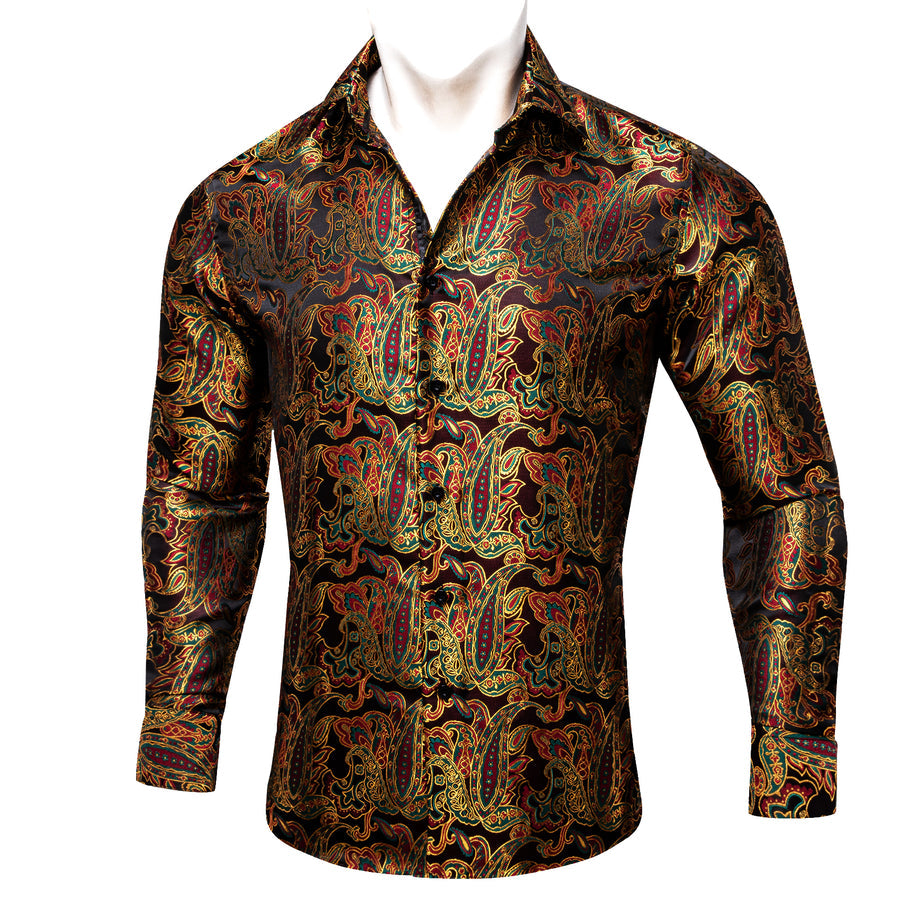Golden Red Paisley Flower Pattern Silk Dress Shirt shirt    - Sophisticated Gentlemen