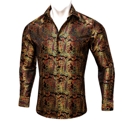 Golden Red Paisley Flower Pattern Silk Dress Shirt shirt    - Sophisticated Gentlemen