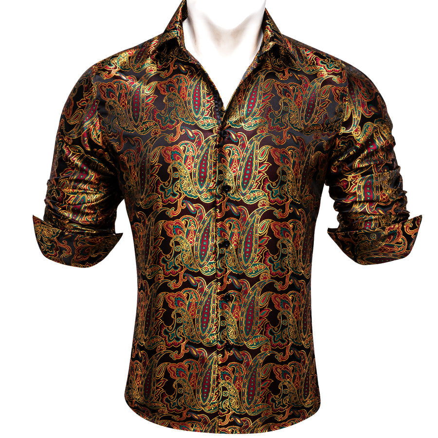 Golden Red Paisley Flower Pattern Silk Dress Shirt shirt    - Sophisticated Gentlemen