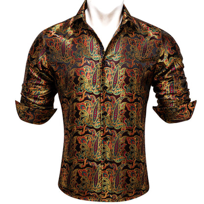 Golden Red Paisley Flower Pattern Silk Dress Shirt shirt    - Sophisticated Gentlemen
