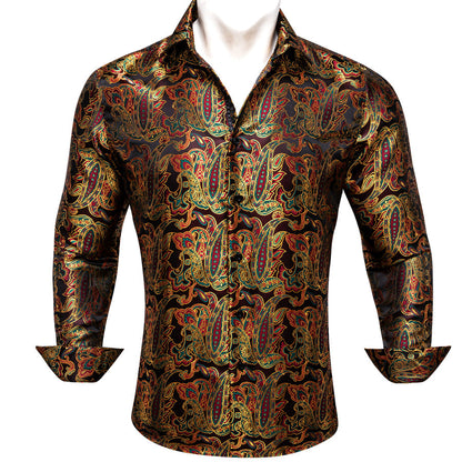 Golden Red Paisley Flower Pattern Silk Dress Shirt shirt S   - Sophisticated Gentlemen