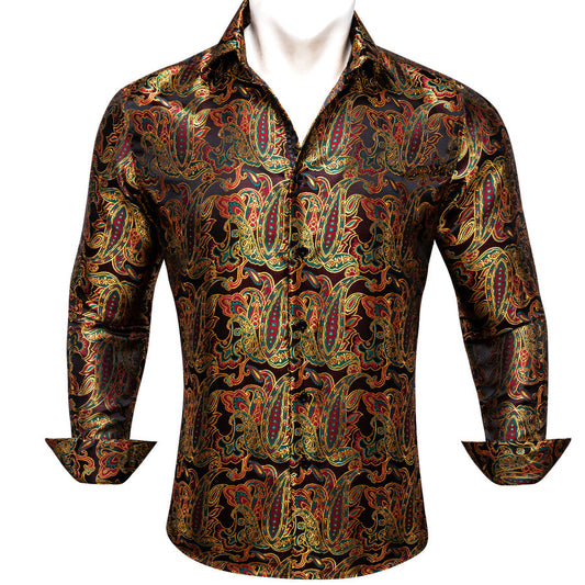 Golden Red Paisley Flower Pattern Silk Dress Shirt shirt S   - Sophisticated Gentlemen