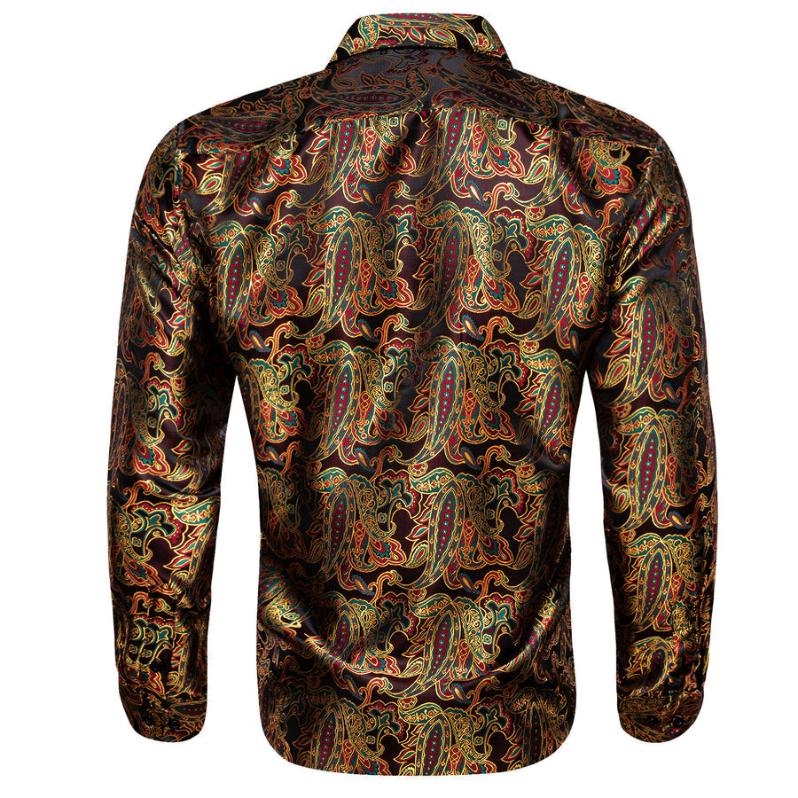 Golden Red Paisley Flower Pattern Silk Dress Shirt shirt    - Sophisticated Gentlemen