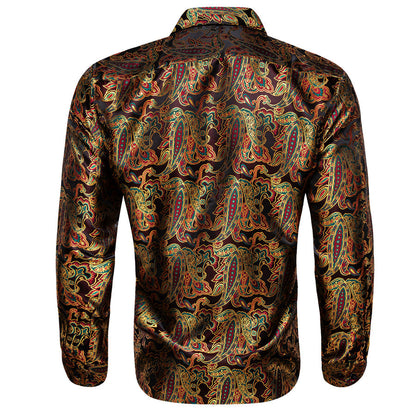 Golden Red Paisley Flower Pattern Silk Dress Shirt shirt    - Sophisticated Gentlemen