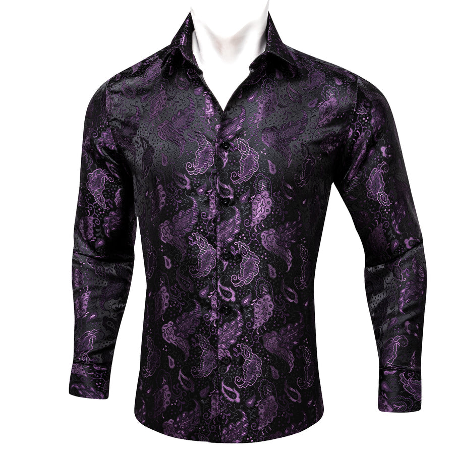 Black Purple Paisley Flower Pattern Silk Dress Shirt shirt    - Sophisticated Gentlemen